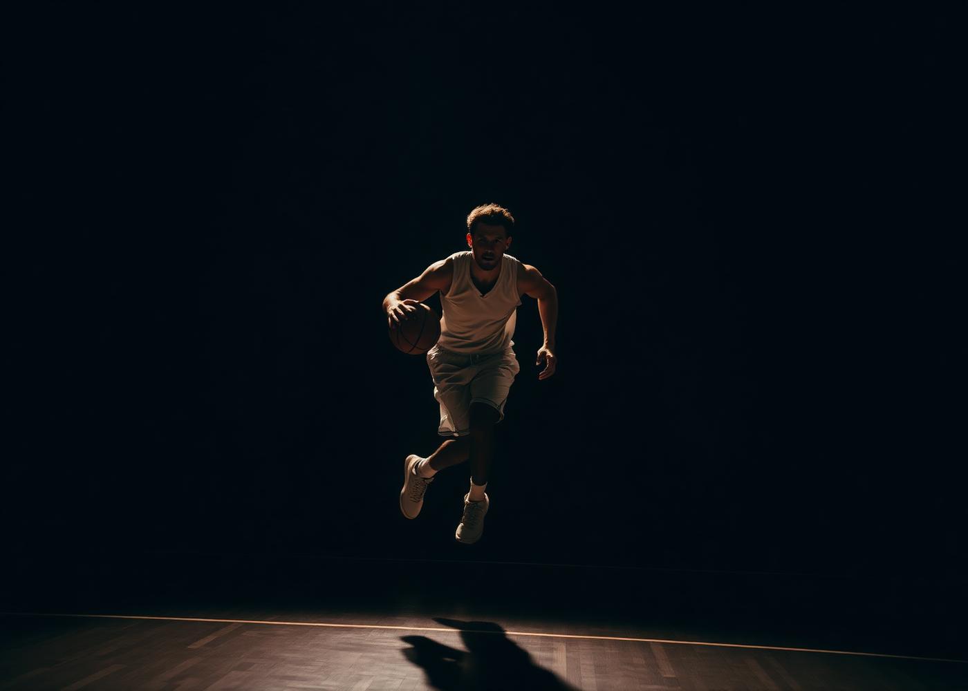 Basketball player mid-dribble under hard court-side lighting
